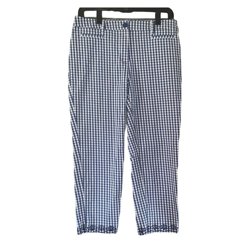 Talbots Blue White Gingham Embroidered Ankle Pants Womens 6 Cropped Checkered